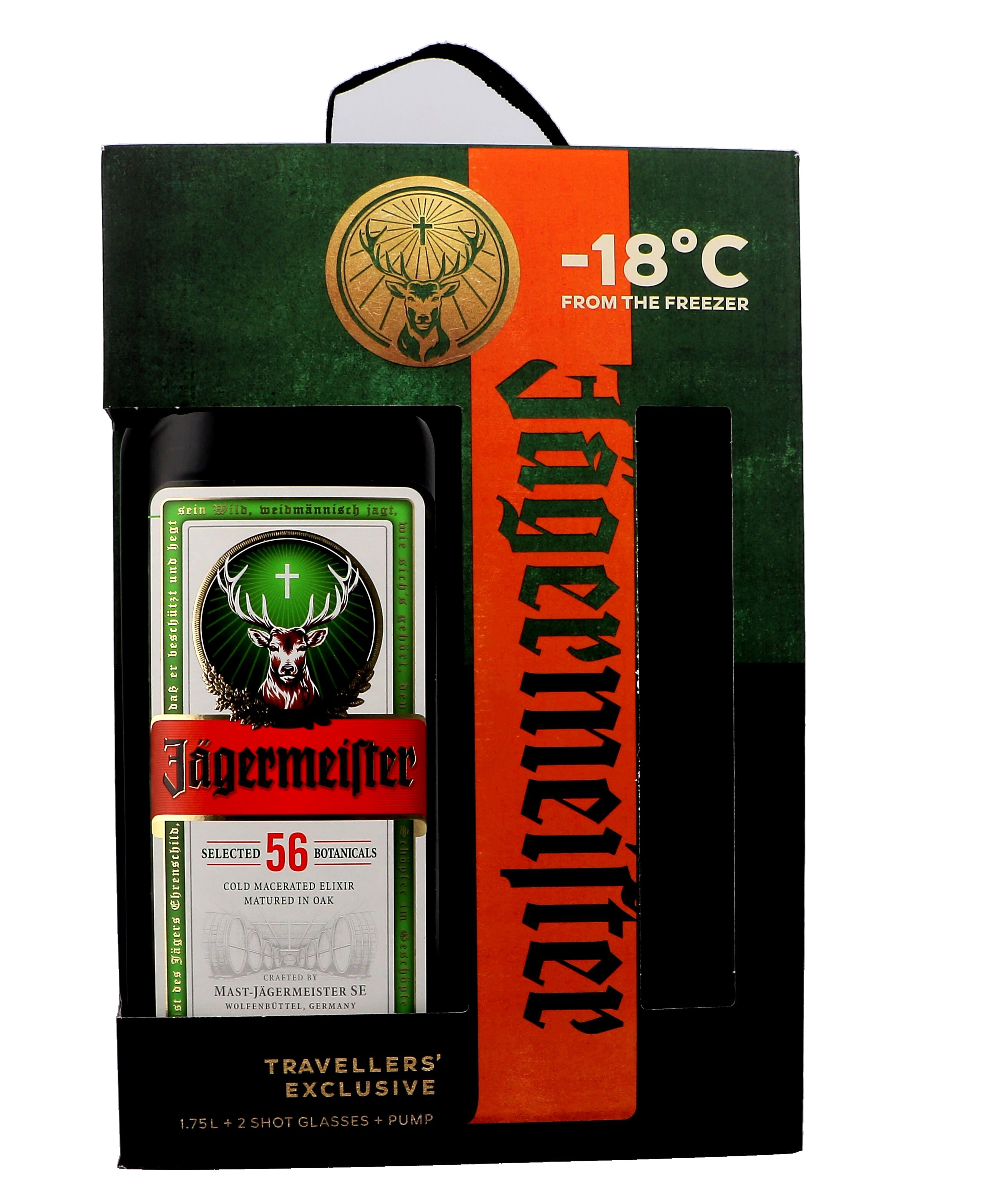 Jagermeister 1.75L 35% + 2 Shotglazen + Pomp