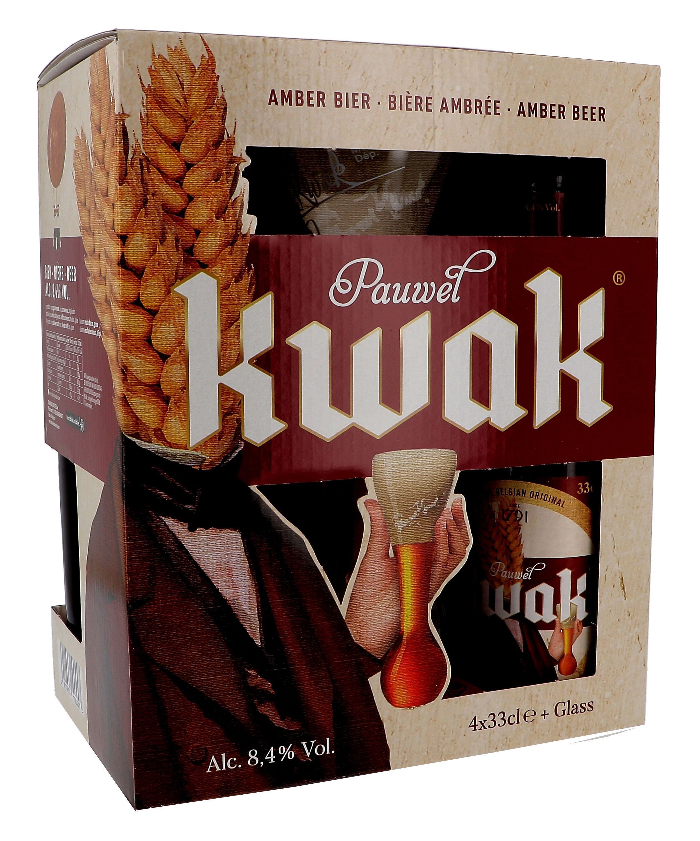 Kwak 4x33cl + Glas met houten voet + Geschenkverpakking