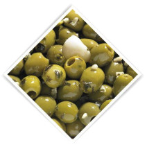 Groene olijven ontpit op knoflook 4kg 5l emmer notekraker