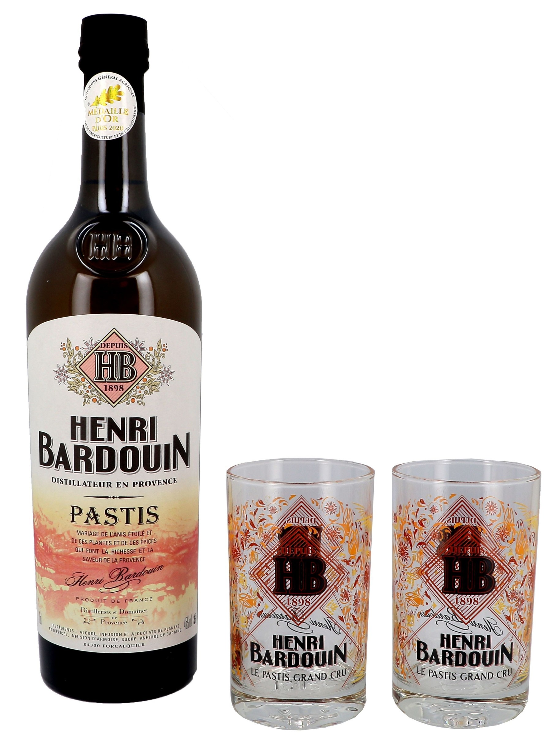 Coffret Pastis Henri Bardouin 70cl 45% + 2 verres - Nevejan