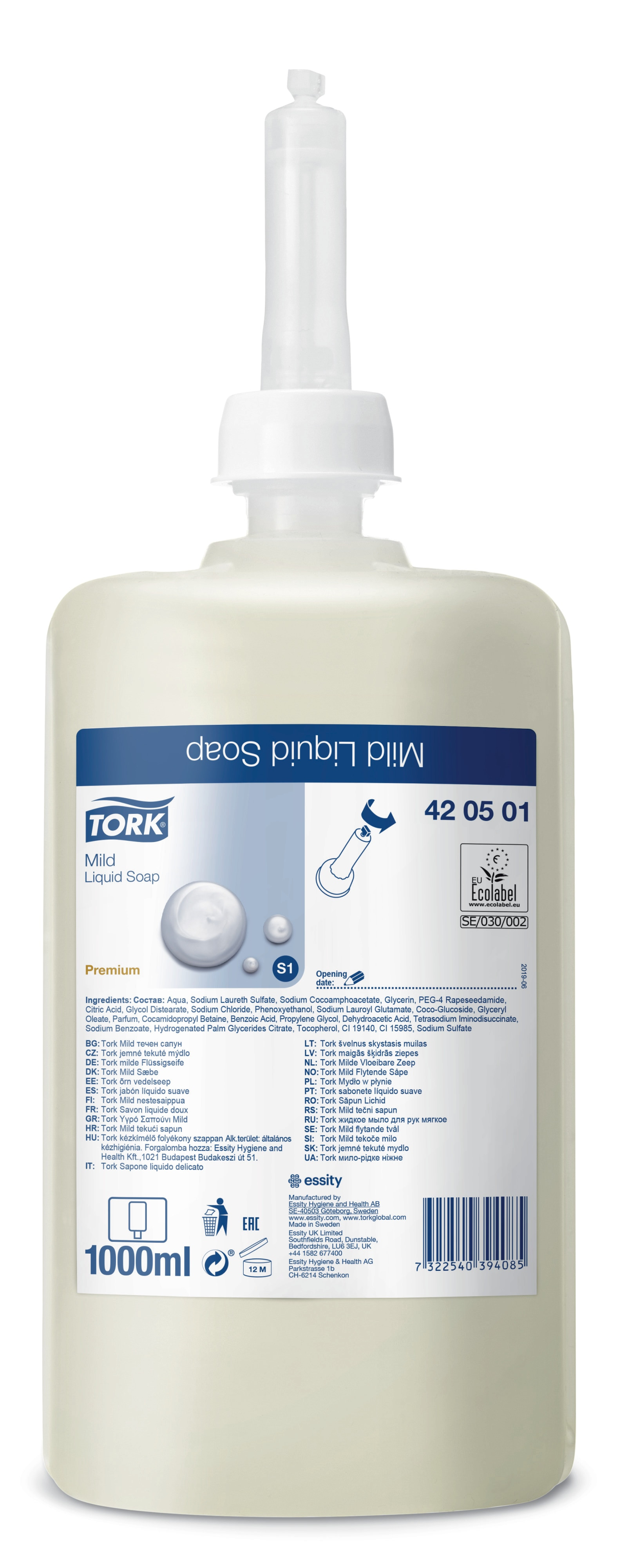 TORK Savon Liquide Doux pour S1 Distributeur 1L Corps & Cheveux 420501