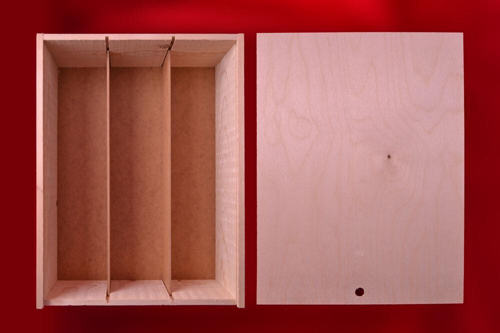 Houten Kist 3 Wijnflessen schuifdeksel triplex