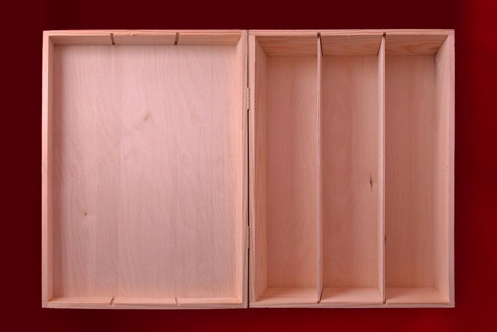 Houten kist 3 wijnflessen scharnierdeksel