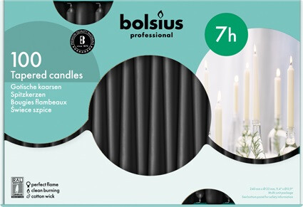 Bougies gothique 24cm noir 7h 100pc Bolsius Professional