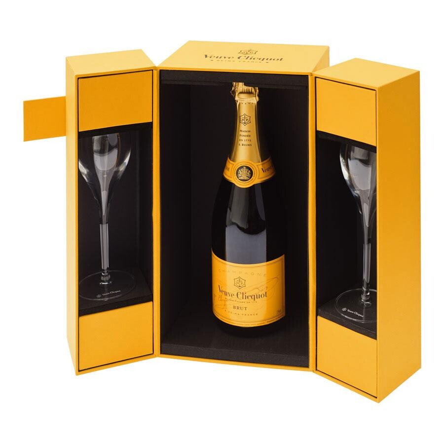 Champagne Veuve Clicquot 75cl Brut + 2 verre Coffret Cadeau Luxe Acheter en Ligne Nevejan